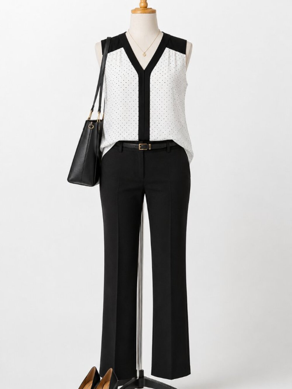 Roz & Ali Black & White Polka Dot Sleeveless Blouse Size L